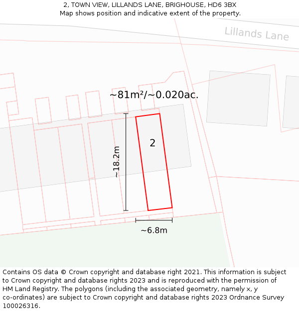 2, TOWN VIEW, LILLANDS LANE, BRIGHOUSE, HD6 3BX: Plot and title map