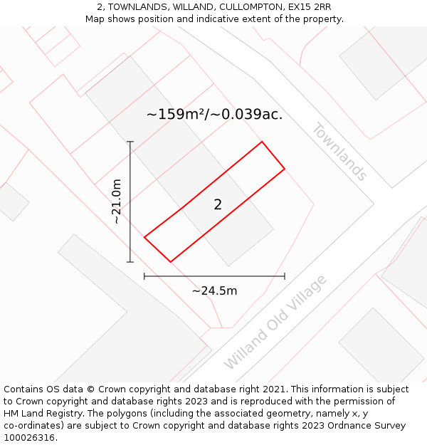 2, TOWNLANDS, WILLAND, CULLOMPTON, EX15 2RR: Plot and title map