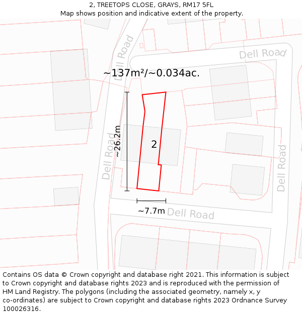 2, TREETOPS CLOSE, GRAYS, RM17 5FL: Plot and title map