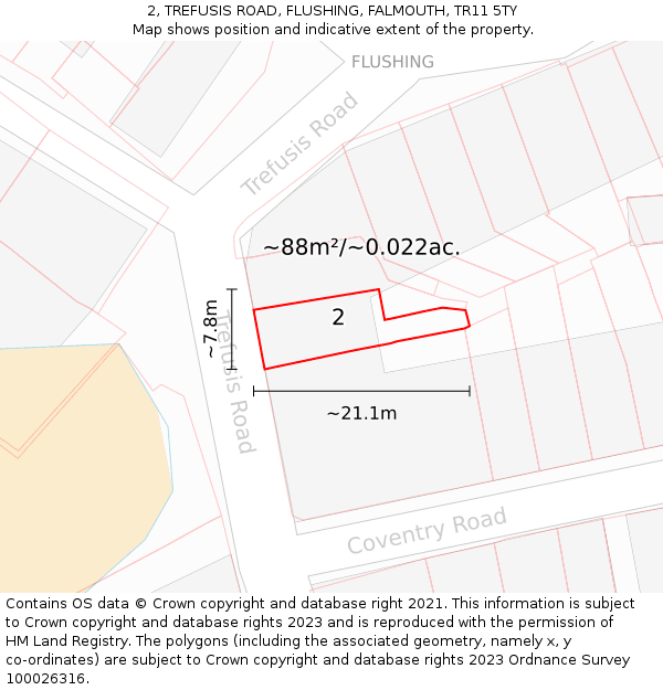 2, TREFUSIS ROAD, FLUSHING, FALMOUTH, TR11 5TY: Plot and title map