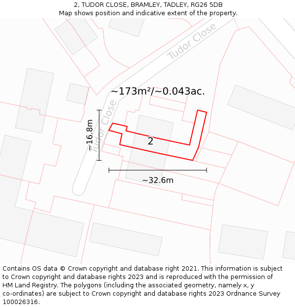 2, TUDOR CLOSE, BRAMLEY, TADLEY, RG26 5DB: Plot and title map