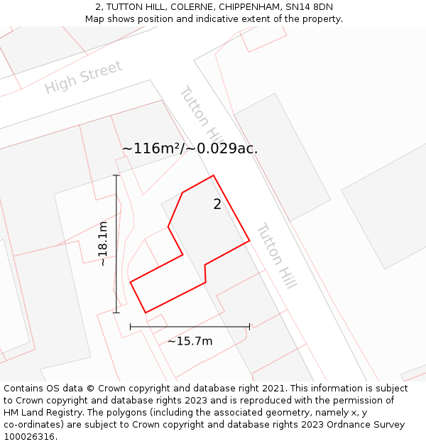 2, TUTTON HILL, COLERNE, CHIPPENHAM, SN14 8DN: Plot and title map