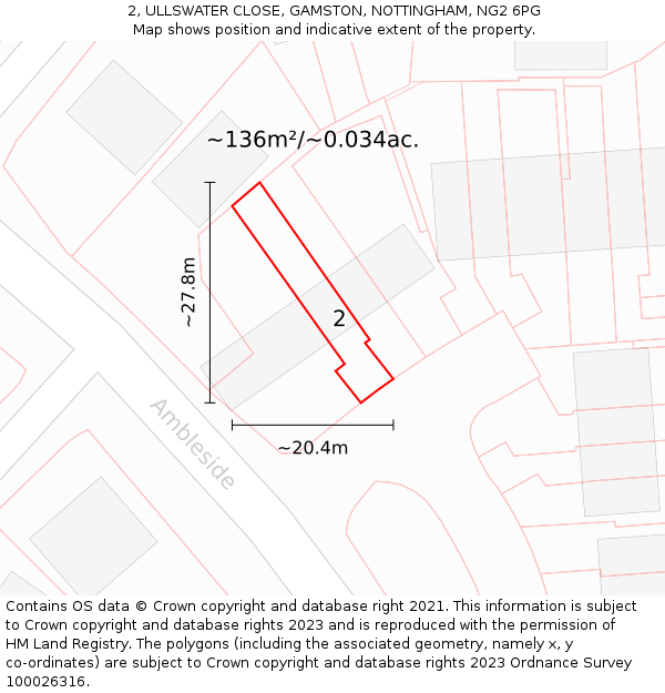 2, ULLSWATER CLOSE, GAMSTON, NOTTINGHAM, NG2 6PG: Plot and title map