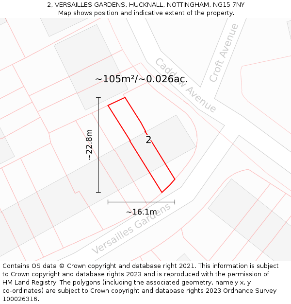 2, VERSAILLES GARDENS, HUCKNALL, NOTTINGHAM, NG15 7NY: Plot and title map
