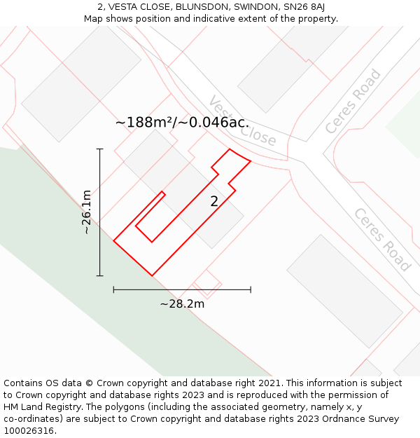 2, VESTA CLOSE, BLUNSDON, SWINDON, SN26 8AJ: Plot and title map