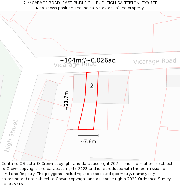 2, VICARAGE ROAD, EAST BUDLEIGH, BUDLEIGH SALTERTON, EX9 7EF: Plot and title map