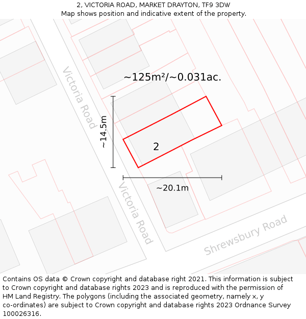 2, VICTORIA ROAD, MARKET DRAYTON, TF9 3DW: Plot and title map