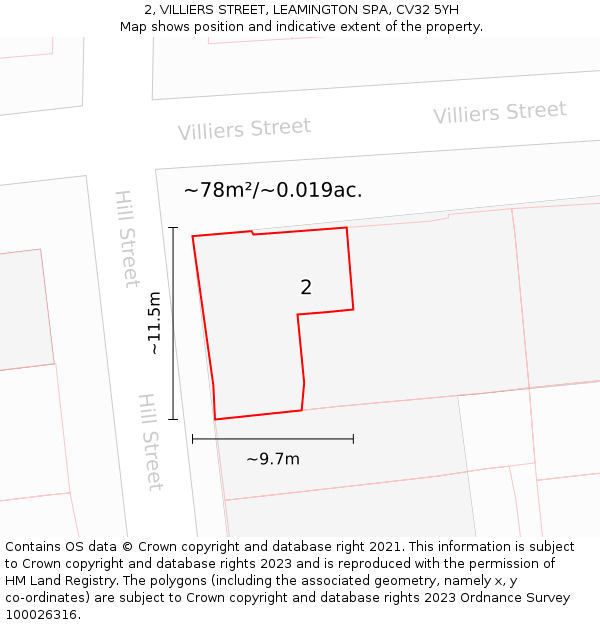 2, VILLIERS STREET, LEAMINGTON SPA, CV32 5YH: Plot and title map