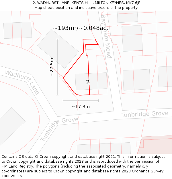 2, WADHURST LANE, KENTS HILL, MILTON KEYNES, MK7 6JF: Plot and title map