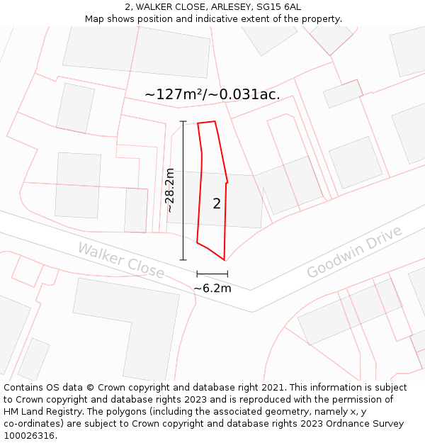 2, WALKER CLOSE, ARLESEY, SG15 6AL: Plot and title map