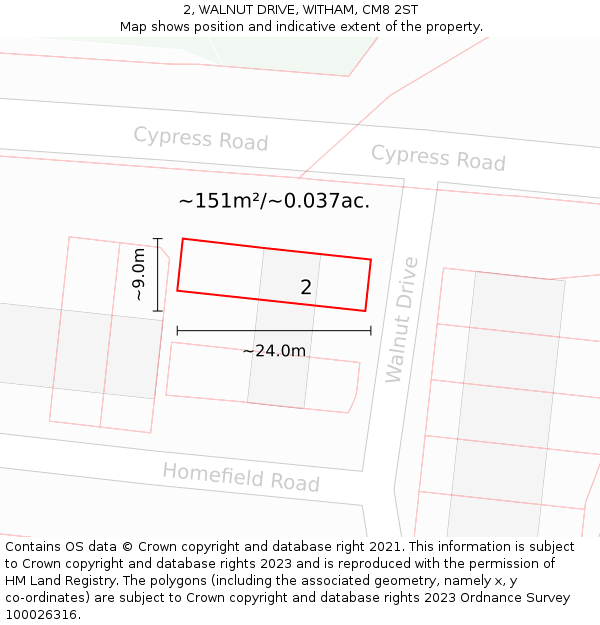 2, WALNUT DRIVE, WITHAM, CM8 2ST: Plot and title map