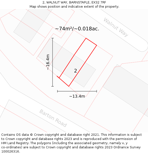 2, WALNUT WAY, BARNSTAPLE, EX32 7RF: Plot and title map