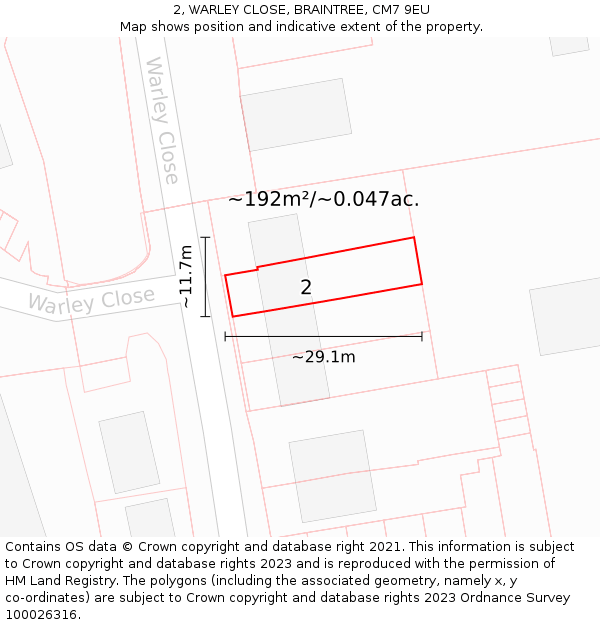 2, WARLEY CLOSE, BRAINTREE, CM7 9EU: Plot and title map