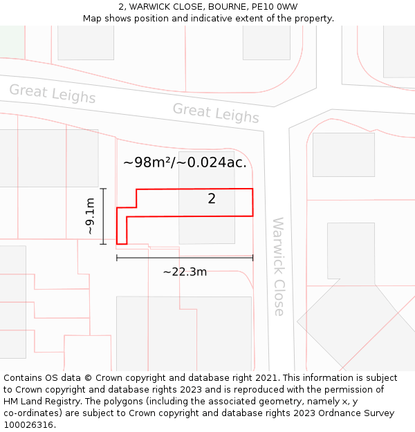 2, WARWICK CLOSE, BOURNE, PE10 0WW: Plot and title map