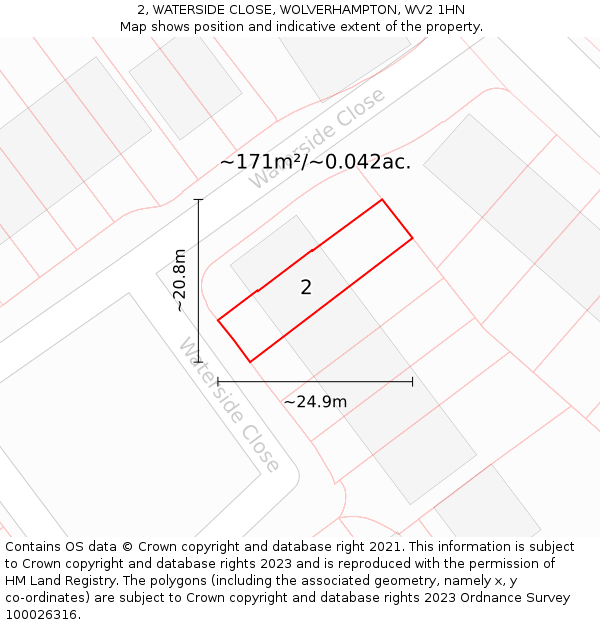2, WATERSIDE CLOSE, WOLVERHAMPTON, WV2 1HN: Plot and title map