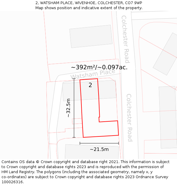 2, WATSHAM PLACE, WIVENHOE, COLCHESTER, CO7 9WP: Plot and title map