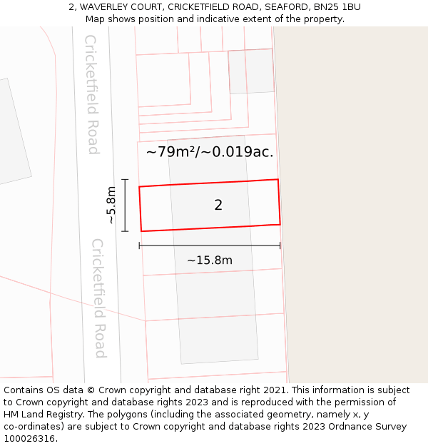 2, WAVERLEY COURT, CRICKETFIELD ROAD, SEAFORD, BN25 1BU: Plot and title map