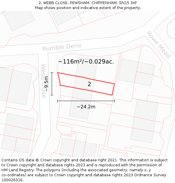 2, WEBB CLOSE, PEWSHAM, CHIPPENHAM, SN15 3XF: Plot and title map