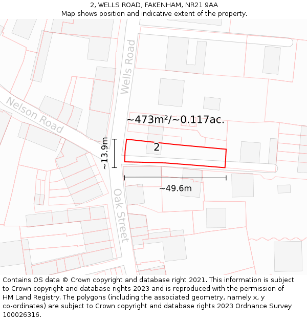 2, WELLS ROAD, FAKENHAM, NR21 9AA: Plot and title map