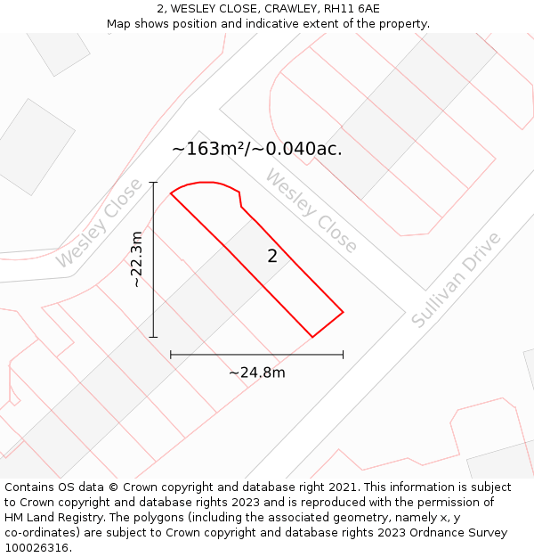 2, WESLEY CLOSE, CRAWLEY, RH11 6AE: Plot and title map