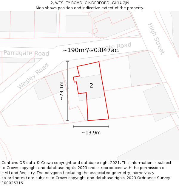 2, WESLEY ROAD, CINDERFORD, GL14 2JN: Plot and title map