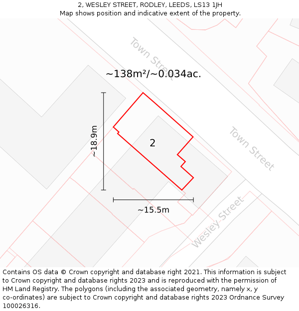 2, WESLEY STREET, RODLEY, LEEDS, LS13 1JH: Plot and title map