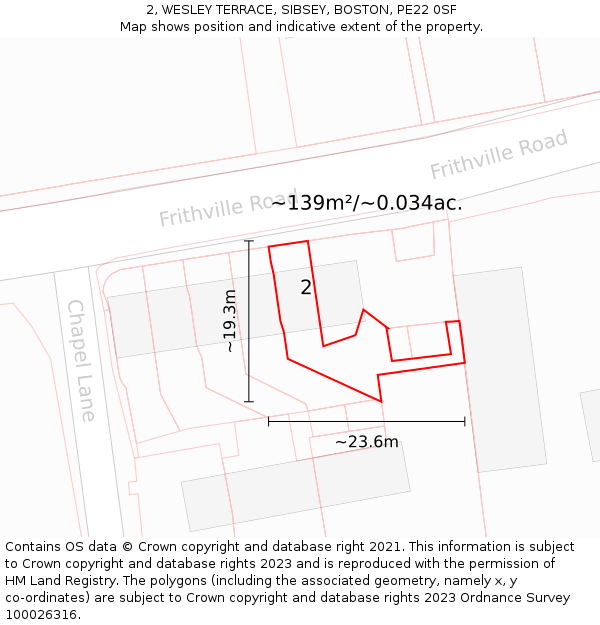 2, WESLEY TERRACE, SIBSEY, BOSTON, PE22 0SF: Plot and title map