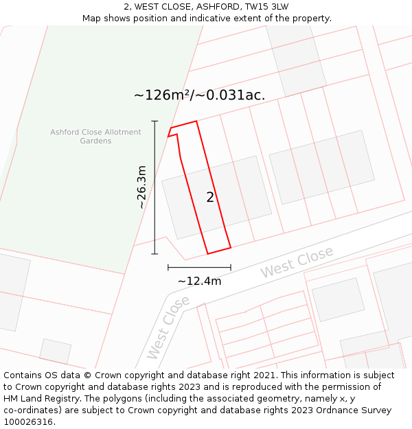 2, WEST CLOSE, ASHFORD, TW15 3LW: Plot and title map