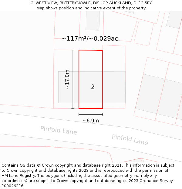 2, WEST VIEW, BUTTERKNOWLE, BISHOP AUCKLAND, DL13 5PY: Plot and title map