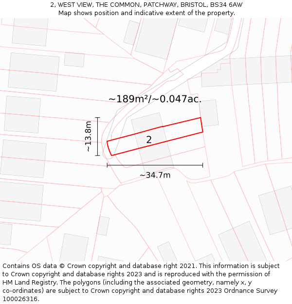 2, WEST VIEW, THE COMMON, PATCHWAY, BRISTOL, BS34 6AW: Plot and title map