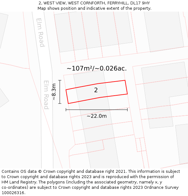 2, WEST VIEW, WEST CORNFORTH, FERRYHILL, DL17 9HY: Plot and title map