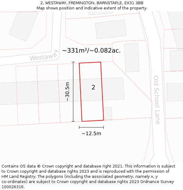 2, WESTAWAY, FREMINGTON, BARNSTAPLE, EX31 3BB: Plot and title map