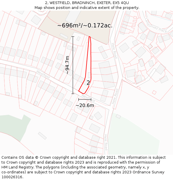 2, WESTFIELD, BRADNINCH, EXETER, EX5 4QU: Plot and title map