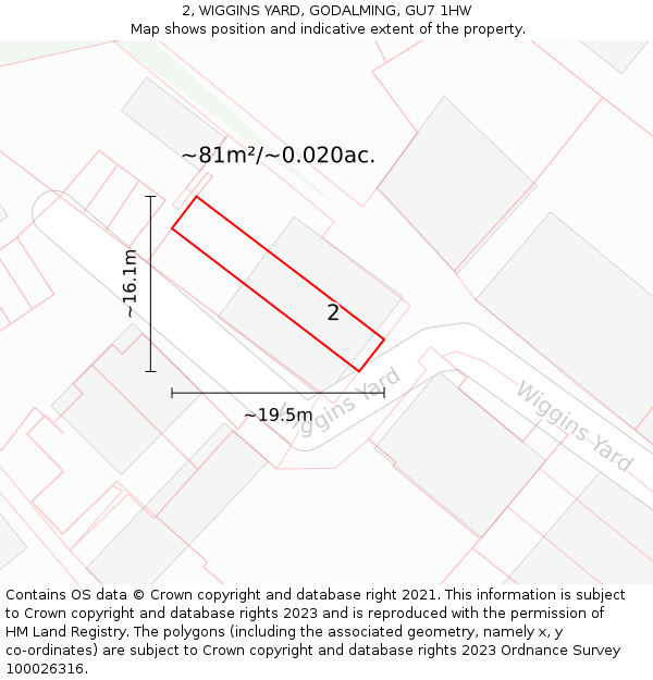 2, WIGGINS YARD, GODALMING, GU7 1HW: Plot and title map