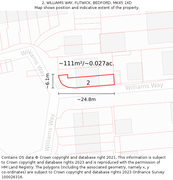 2, WILLIAMS WAY, FLITWICK, BEDFORD, MK45 1XD: Plot and title map