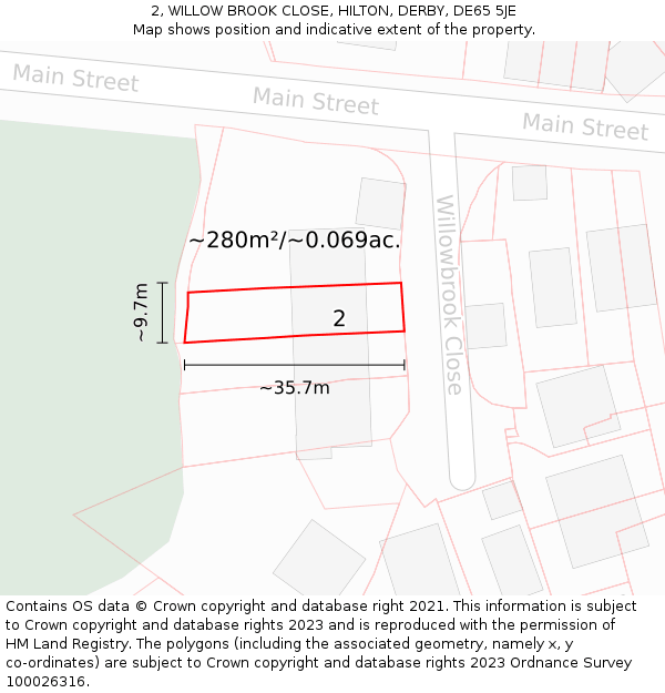 2, WILLOW BROOK CLOSE, HILTON, DERBY, DE65 5JE: Plot and title map
