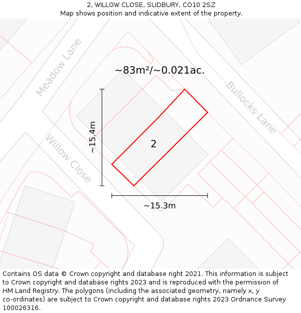 2, WILLOW CLOSE, SUDBURY, CO10 2SZ: Plot and title map
