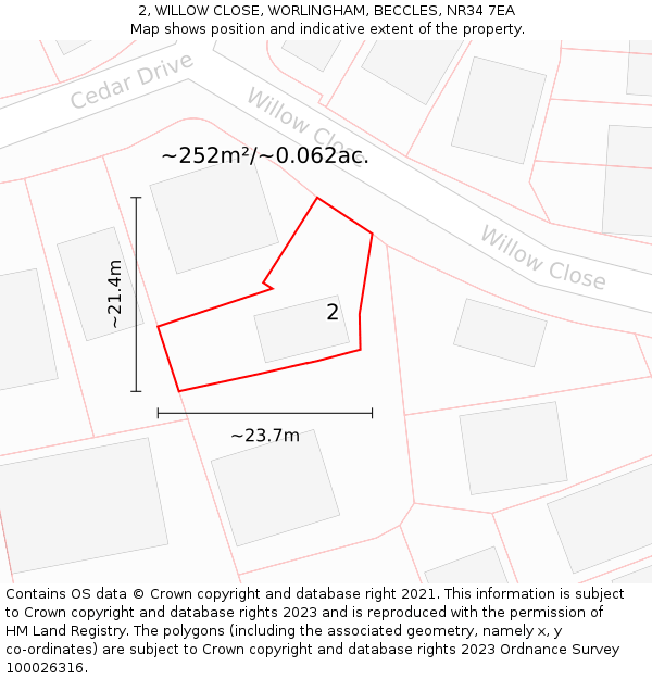 2, WILLOW CLOSE, WORLINGHAM, BECCLES, NR34 7EA: Plot and title map