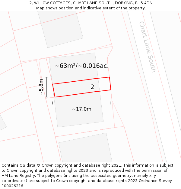 2, WILLOW COTTAGES, CHART LANE SOUTH, DORKING, RH5 4DN: Plot and title map