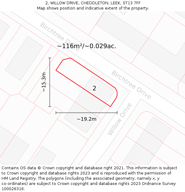 2, WILLOW DRIVE, CHEDDLETON, LEEK, ST13 7FF: Plot and title map
