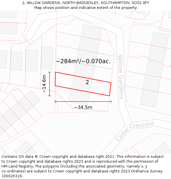 2, WILLOW GARDENS, NORTH BADDESLEY, SOUTHAMPTON, SO52 9FY: Plot and title map