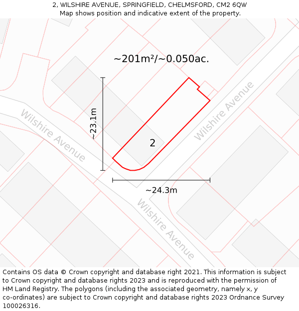 2, WILSHIRE AVENUE, SPRINGFIELD, CHELMSFORD, CM2 6QW: Plot and title map