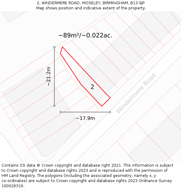 2, WINDERMERE ROAD, MOSELEY, BIRMINGHAM, B13 9JP: Plot and title map