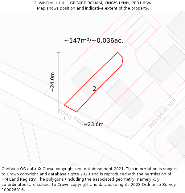 2, WINDMILL HILL, GREAT BIRCHAM, KING'S LYNN, PE31 6SW: Plot and title map
