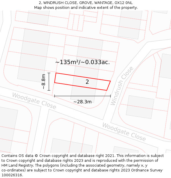 2, WINDRUSH CLOSE, GROVE, WANTAGE, OX12 0NL: Plot and title map