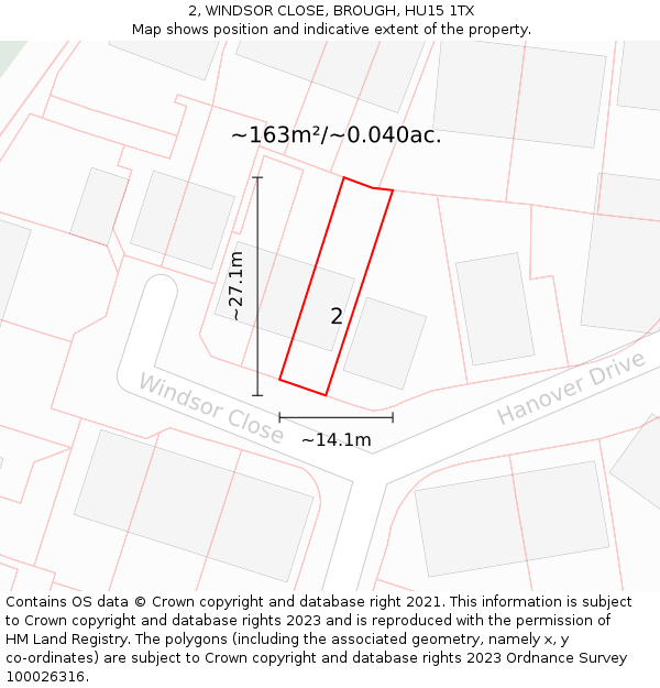 2, WINDSOR CLOSE, BROUGH, HU15 1TX: Plot and title map