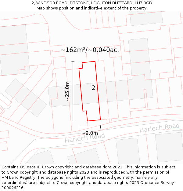 2, WINDSOR ROAD, PITSTONE, LEIGHTON BUZZARD, LU7 9GD: Plot and title map