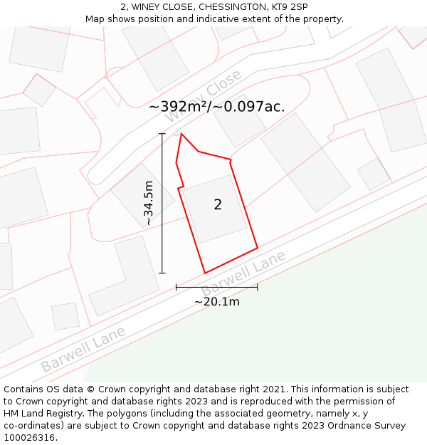 2, WINEY CLOSE, CHESSINGTON, KT9 2SP: Plot and title map