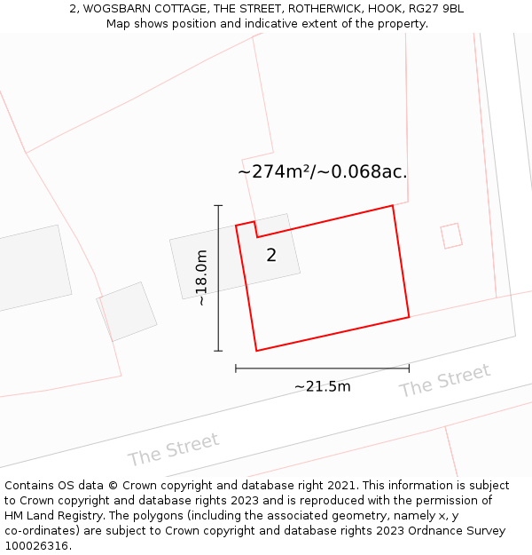 2, WOGSBARN COTTAGE, THE STREET, ROTHERWICK, HOOK, RG27 9BL: Plot and title map