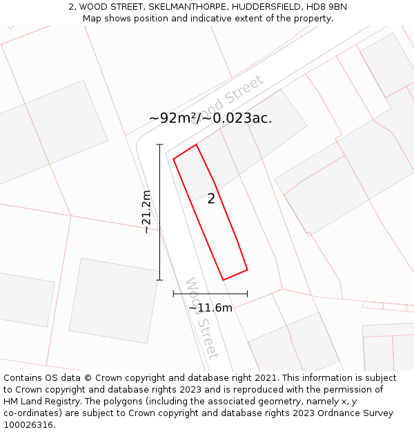 2, WOOD STREET, SKELMANTHORPE, HUDDERSFIELD, HD8 9BN: Plot and title map